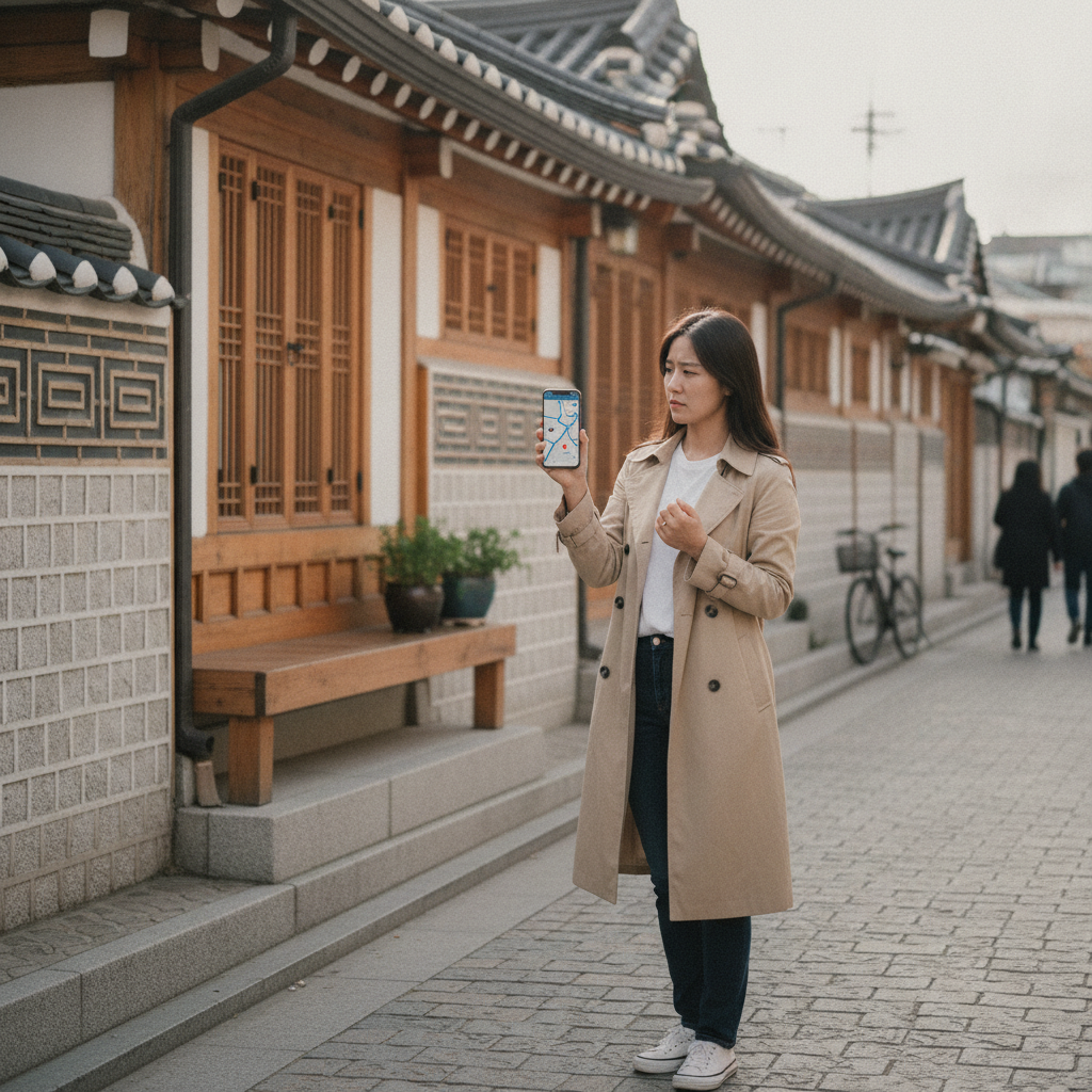 전통 한옥 게스트하우스 앞에서 스마트폰으로 지도 앱을 확인하는 여행객