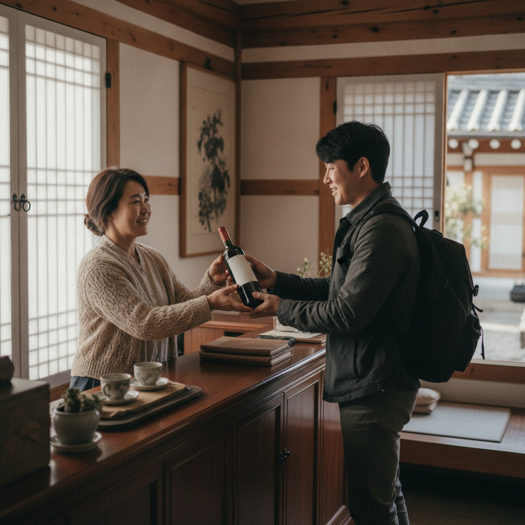 독채 펜션 리셉션에서 웰컴 와인을 건네며 손님을 환영하는 사장님