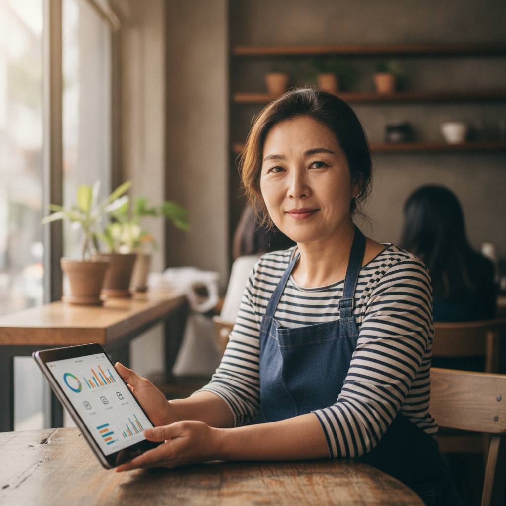 AI 마케팅 툴을 직접 조작하며 미소 짓는 소상공인 사장님