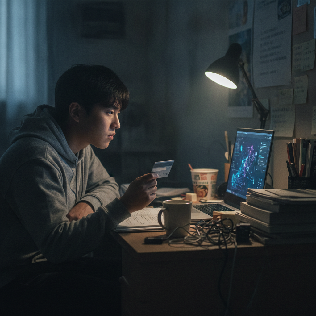 대학생이 구글 AI 개요를 통해 바로 정답을 얻고 체그 결제를 망설이는 모습