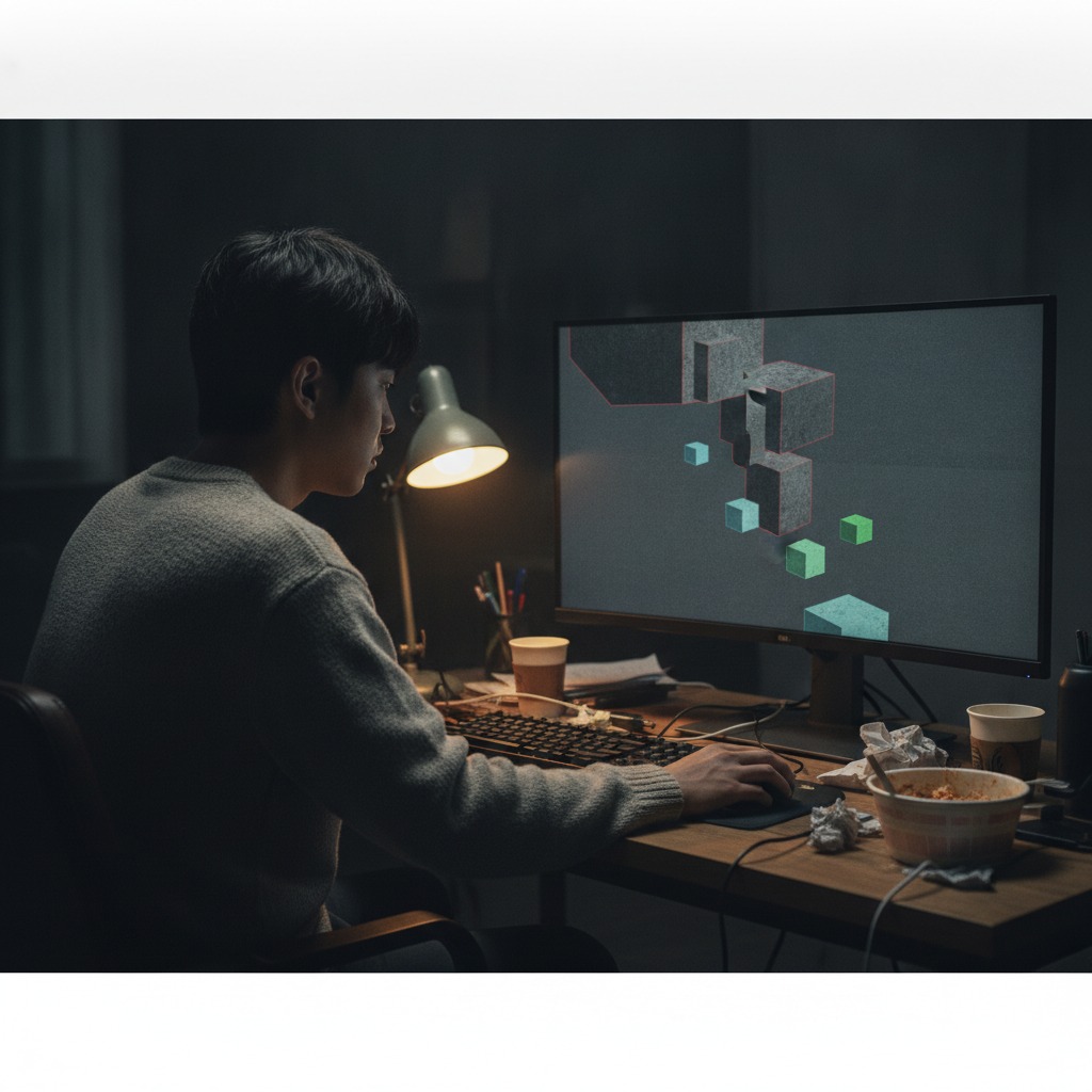 제로 클릭 현상을 상징하는 검색 화면과 허탈해하는 작업자
